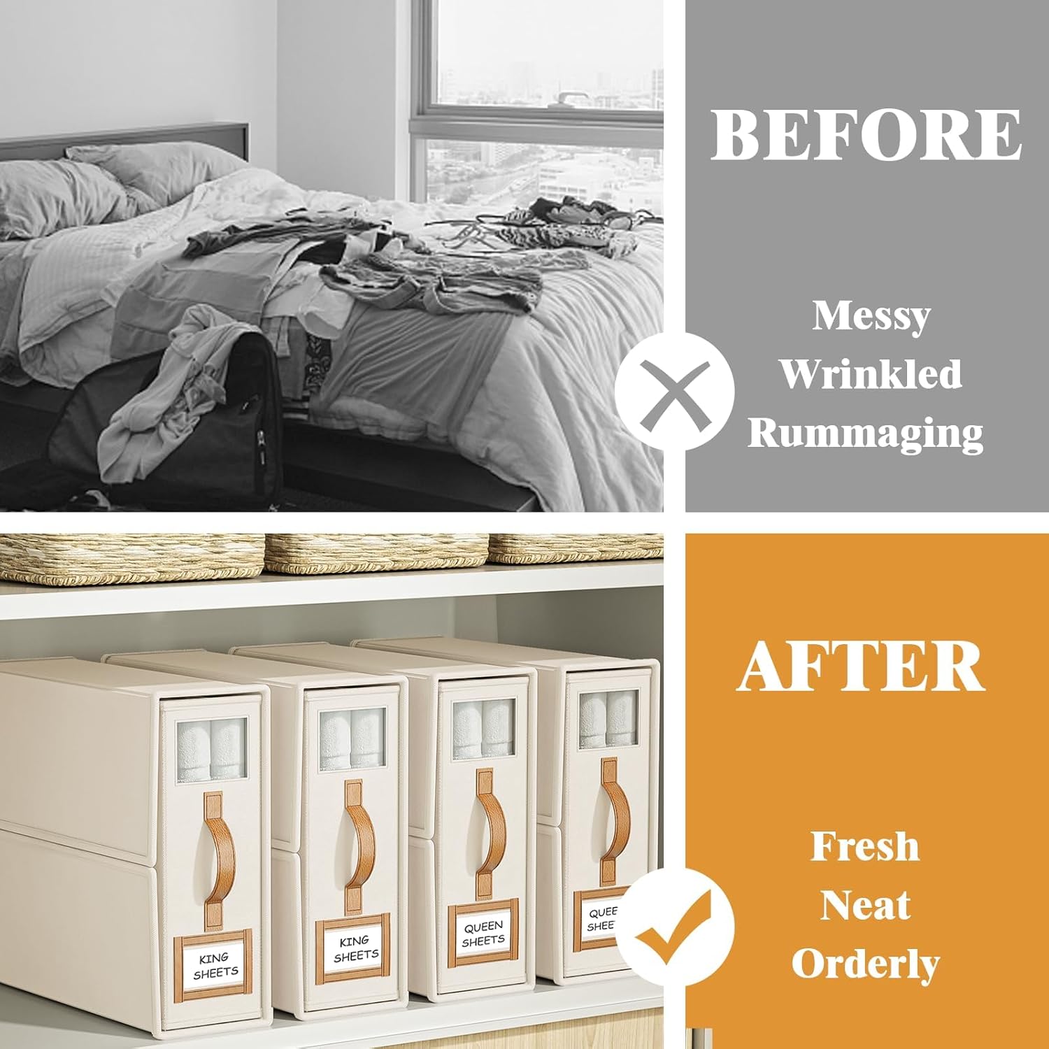 CARLA HOME Bed Sheet Organizer Set of 4 with Handle & Window for Covers, Pillowcases, Blankets, Clothes & Sheets (Beige) - Image 3