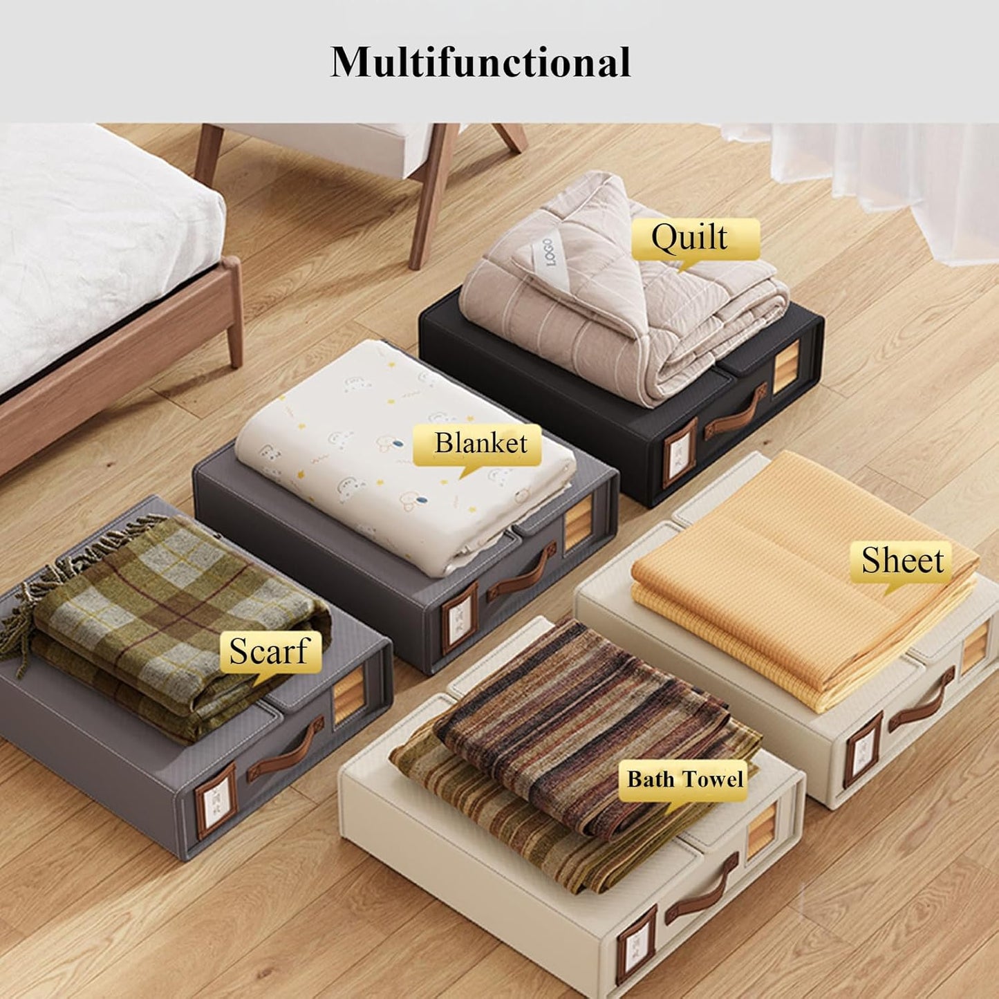 CARLA HOME Bed Sheet Organizer Set of 4 with Handle & Window for Covers, Pillowcases, Blankets, Clothes & Sheets (Beige) - Image 5