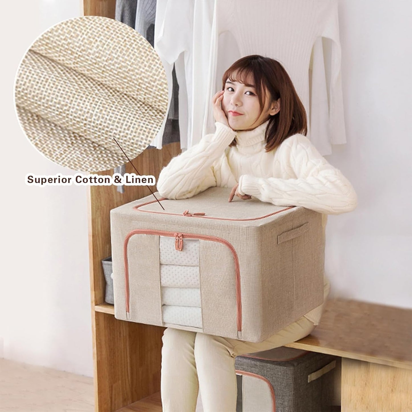 CARLA HOME 3 pack Large Clothes Storage Bins with Lids for Clothing, Bedding, Blankets, Toys (66L capacity - Beige) - Image 6