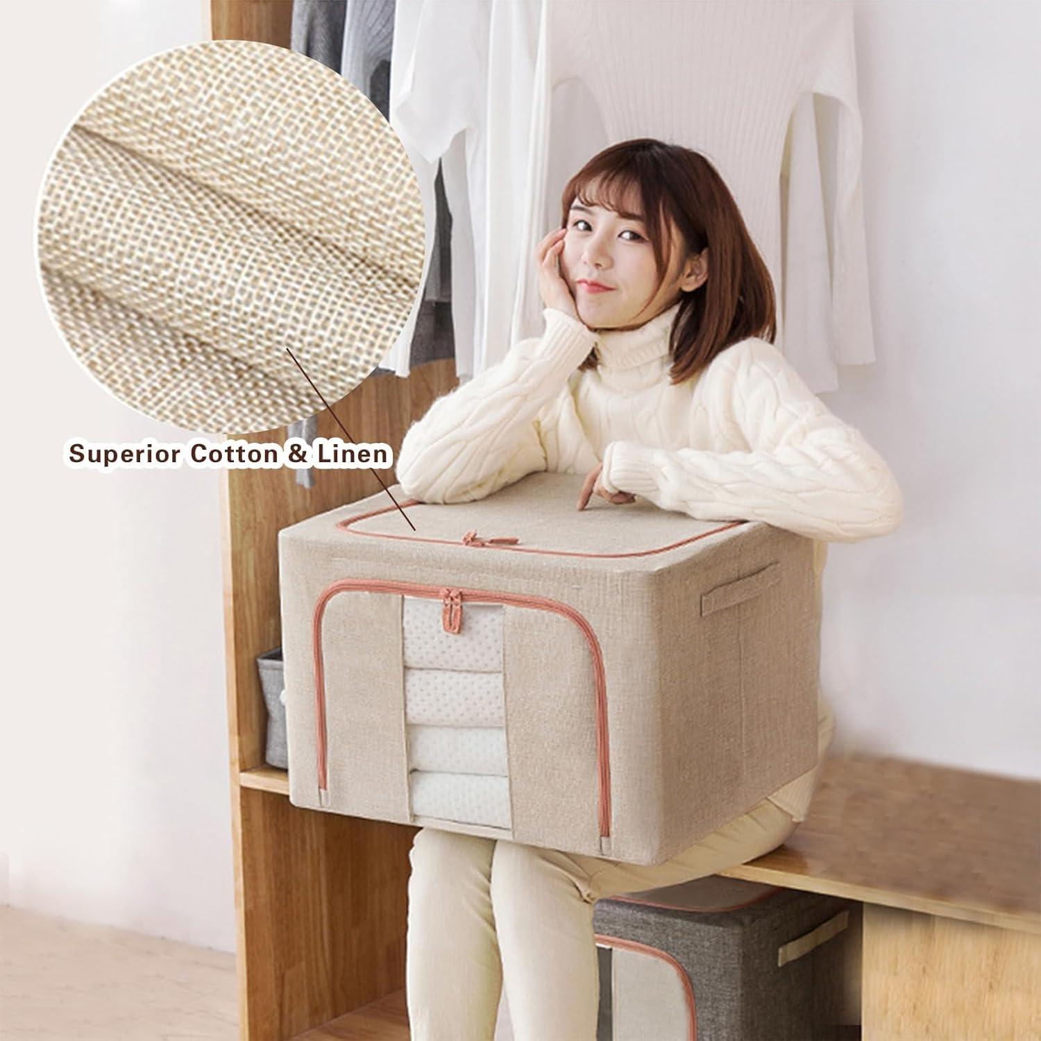 CARLA HOME 3 pack Large Clothes Storage Bins with Lids for Clothing, Bedding, Blankets, Toys (66L capacity - Beige) - Image 6