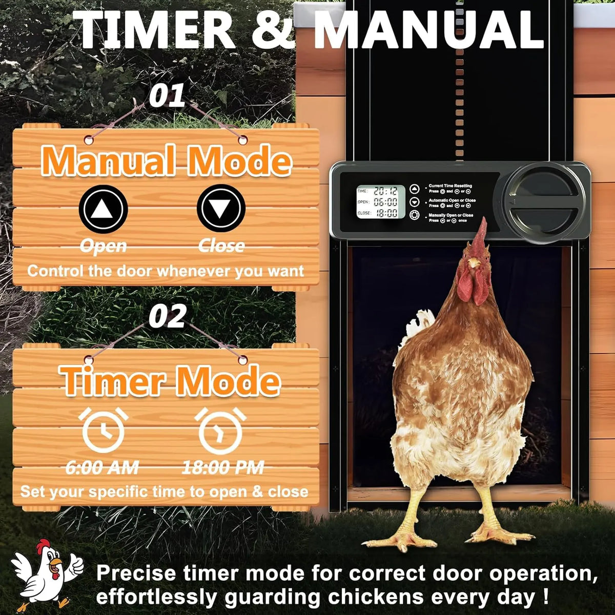 CARLA HOME Automatic Chicken Coop Door Opener with Timer Control, Anti-Pinch Protection, LCD Display & Battery Powered for Backyard Chickens - Image 2