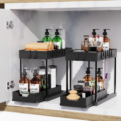 CARLA HOME 2 Pack Under Sink Organizer with Pull-Out Basket and Hooks for Bathroom & Kitchen - Image 2