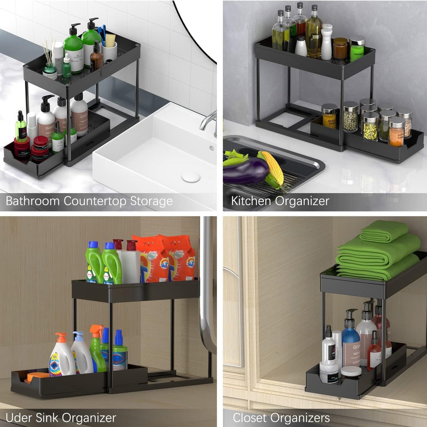 CARLA HOME 2 Pack Under Sink Organizer with Pull-Out Basket and Hooks for Bathroom & Kitchen - Image 3