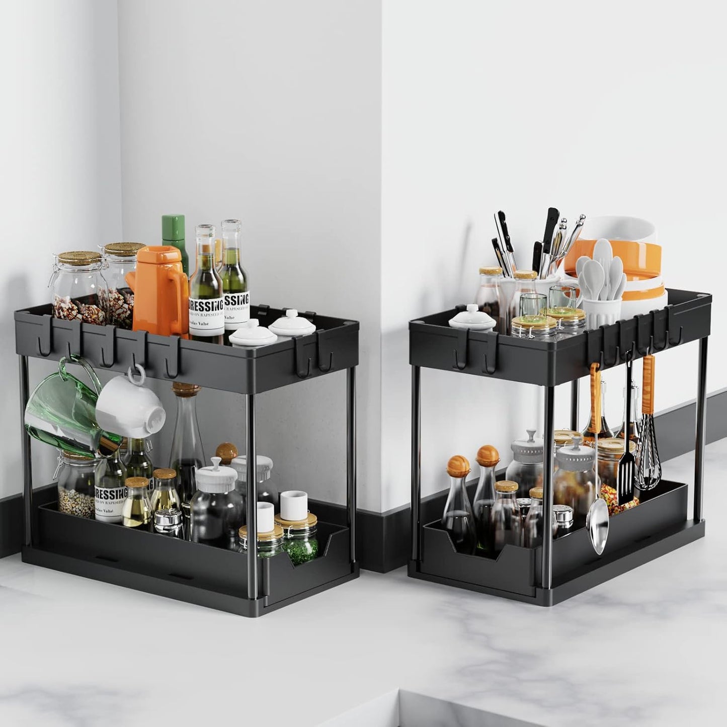 CARLA HOME 2 Pack Under Sink Organizer with Pull-Out Basket and Hooks for Bathroom & Kitchen - Image 4