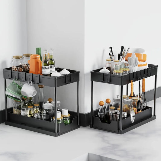 CARLA HOME 2 Pack Under Sink Organizer with Pull-Out Basket and Hooks for Bathroom & Kitchen - Image 4