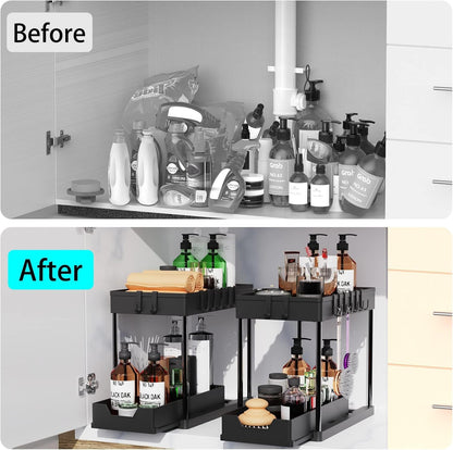 CARLA HOME 2 Pack Under Sink Organizer with Pull-Out Basket and Hooks for Bathroom & Kitchen - Image 5