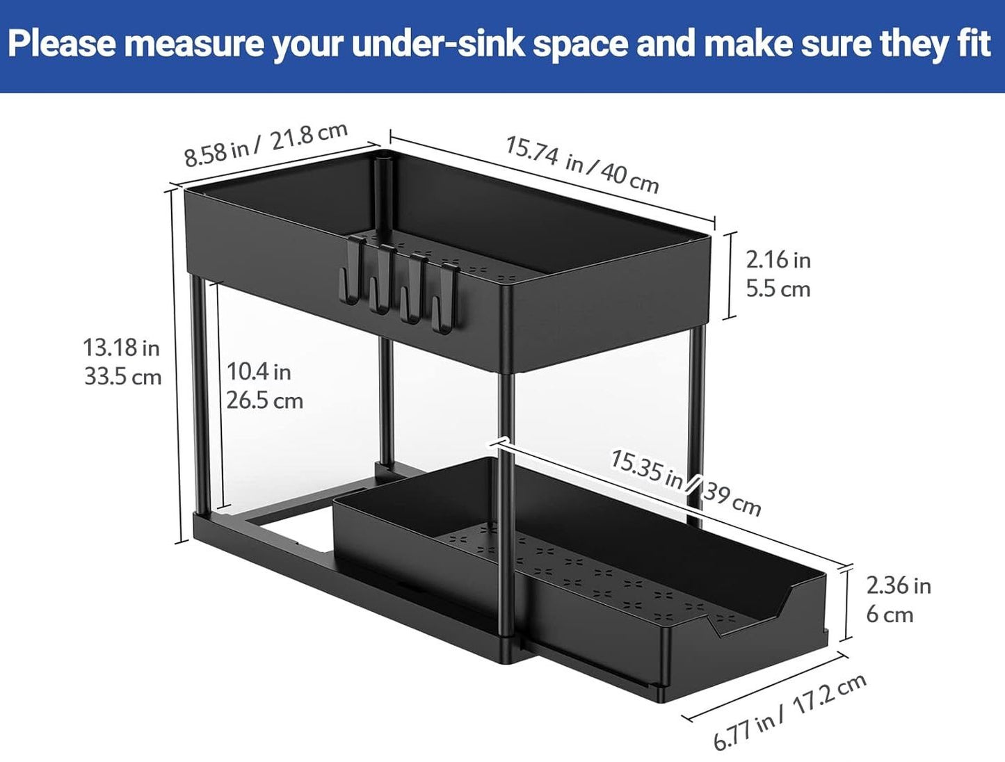 CARLA HOME 2 Pack Under Sink Organizer with Pull-Out Basket and Hooks for Bathroom & Kitchen - Image 8