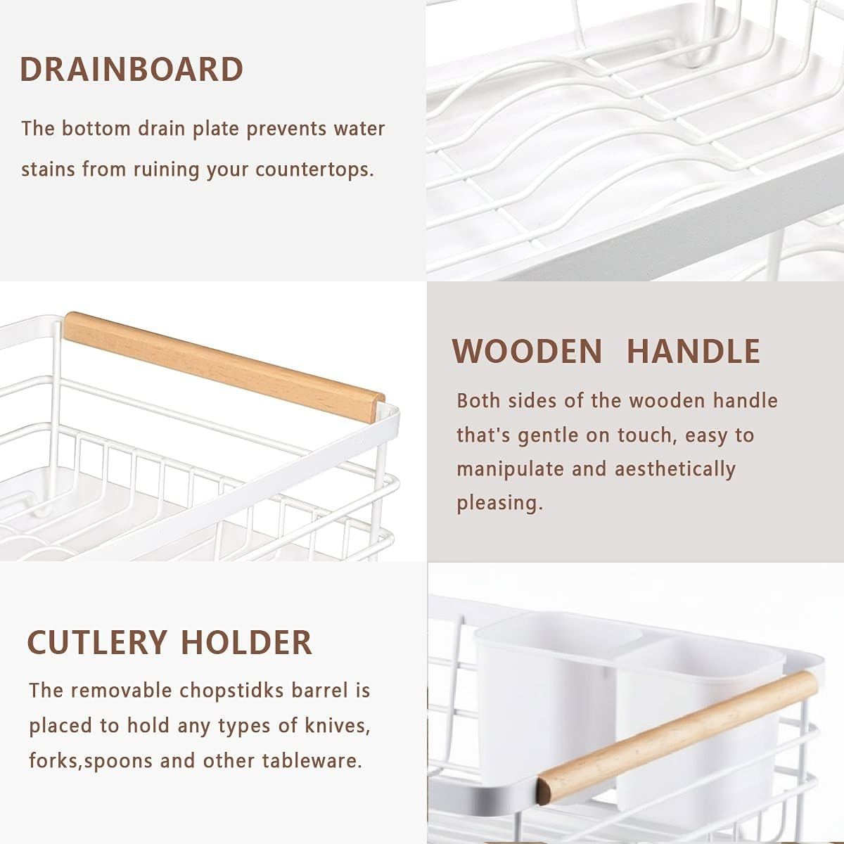 CARLA HOME Dish Drying Rack with Wooden Handles, Removable Cutlery Holder & Drainboard for Kitchen Countertop - Image 3