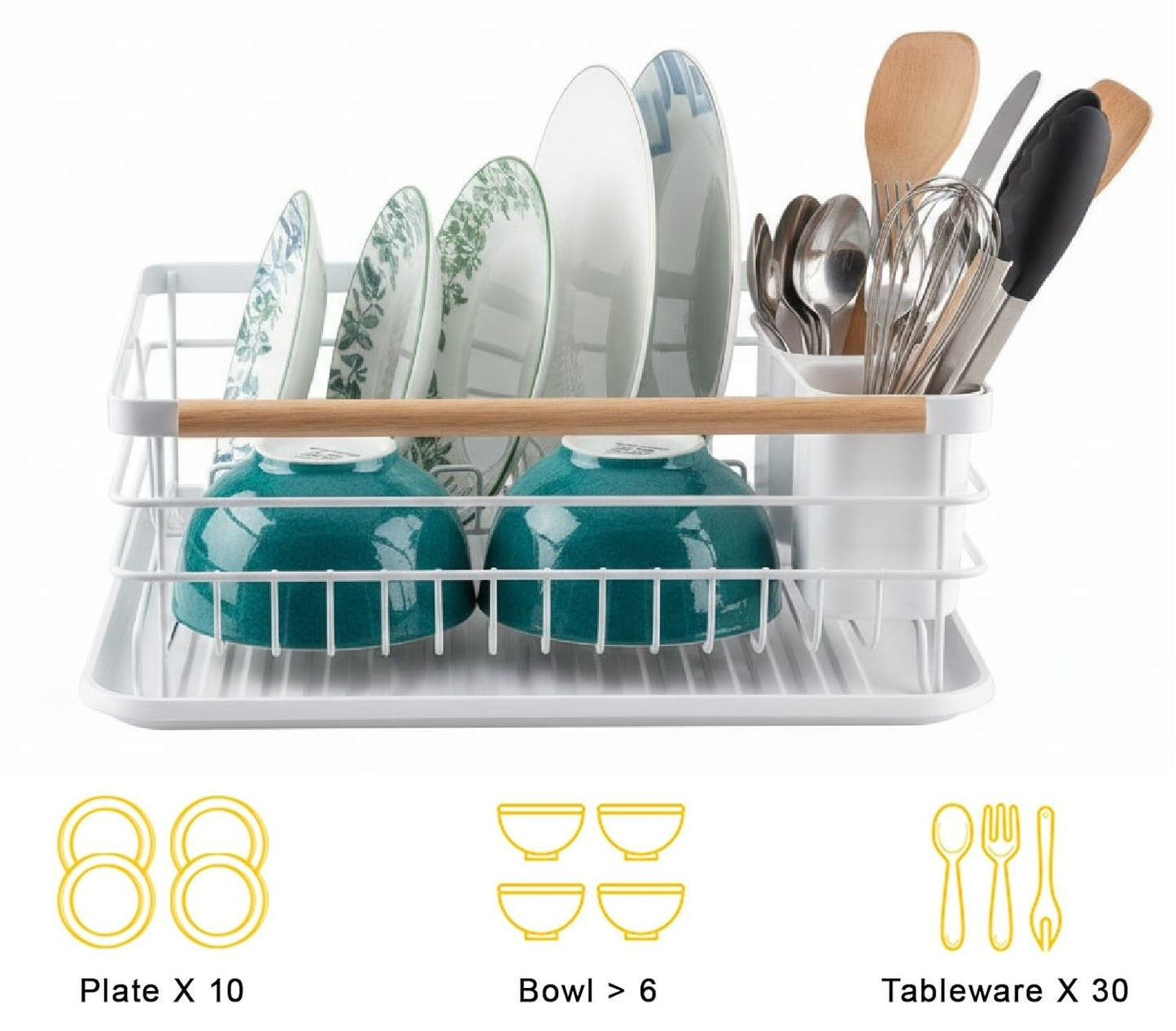 CARLA HOME Dish Drying Rack with Wooden Handles, Removable Cutlery Holder & Drainboard for Kitchen Countertop - Image 5