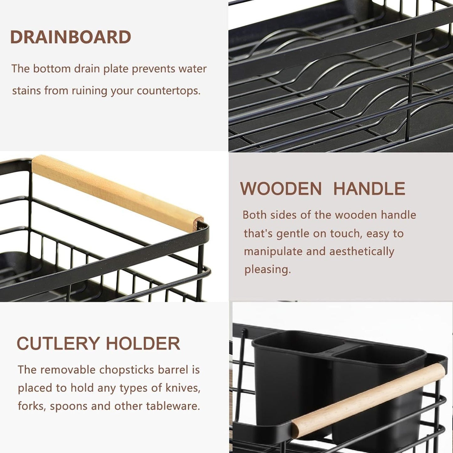 CARLA HOME Dish Drying Rack with Wooden Handles, Removable Cutlery Holder & Drainboard for Kitchen Countertop - Image 3