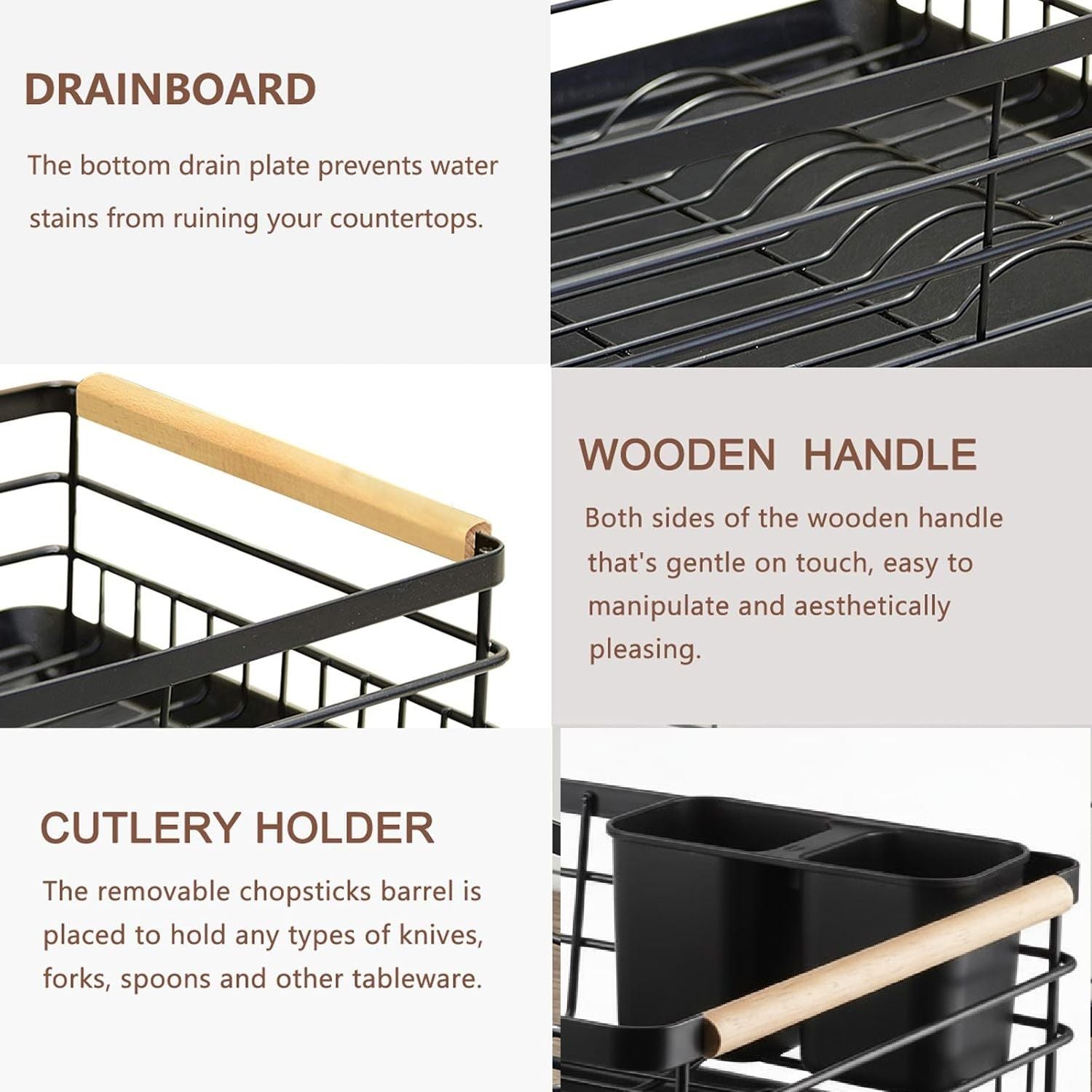 CARLA HOME Dish Drying Rack with Wooden Handles, Removable Cutlery Holder & Drainboard for Kitchen Countertop - Image 3