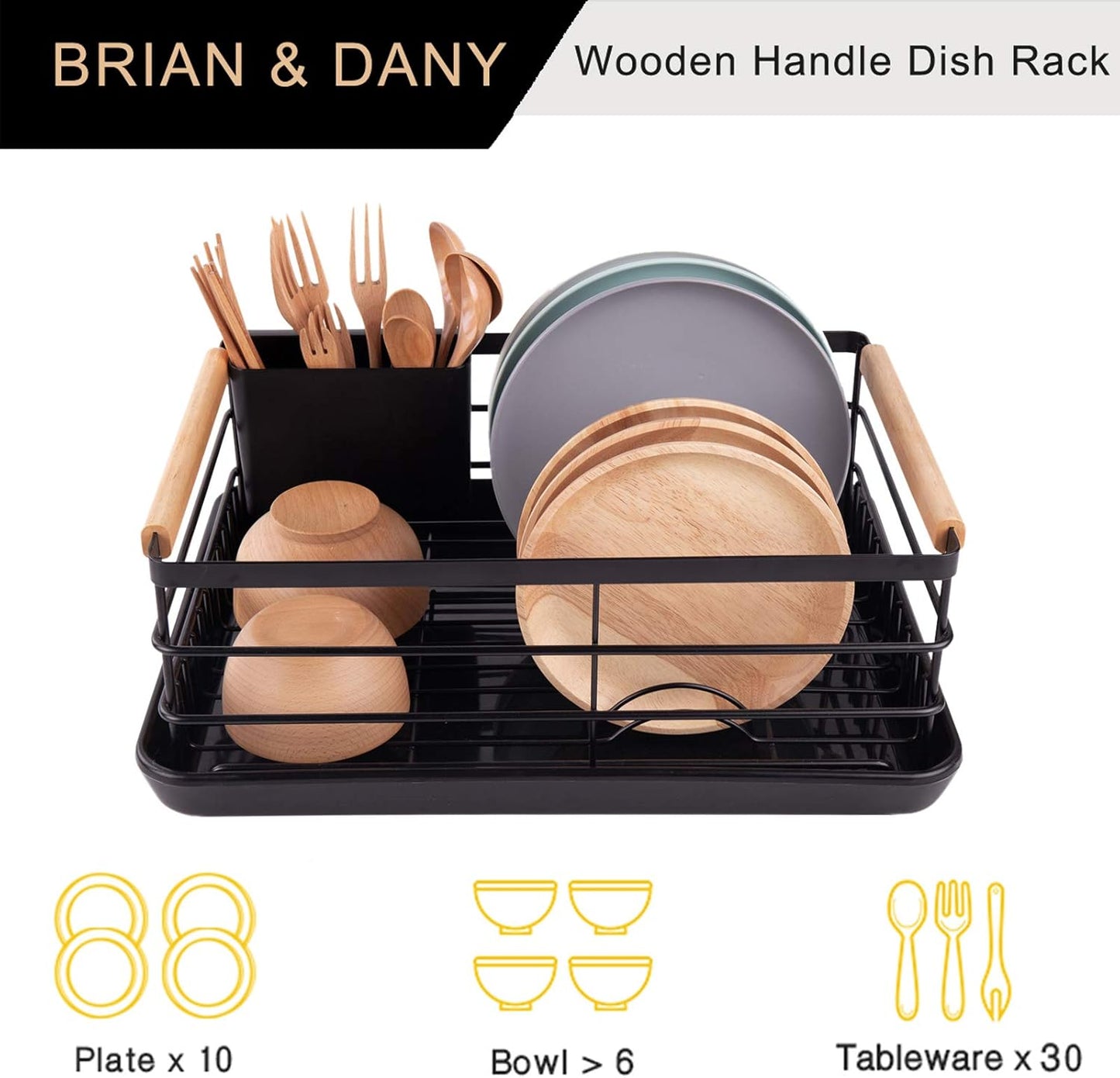 CARLA HOME Dish Drying Rack with Wooden Handles, Removable Cutlery Holder & Drainboard for Kitchen Countertop - Image 5