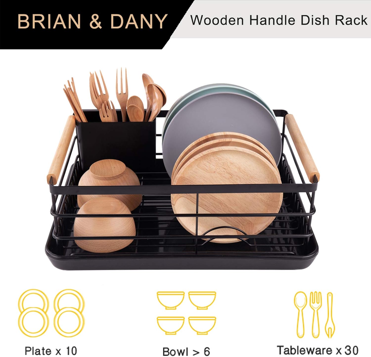CARLA HOME Dish Drying Rack with Wooden Handles, Removable Cutlery Holder & Drainboard for Kitchen Countertop - Image 5