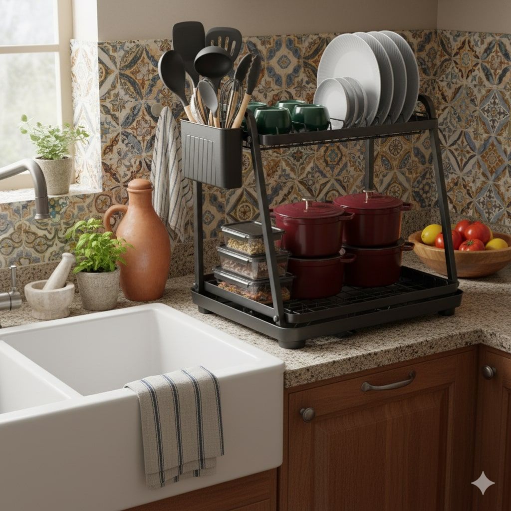 CARLA HOME 2-Tier Dish Drying Rack for Kitchen Countertop with Drainage Tray, Utensil Holder, Cutting Board Slot & Cup Hooks - Image 2