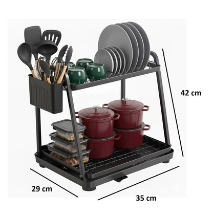 CARLA HOME 2-Tier Dish Drying Rack for Kitchen Countertop with Drainage Tray, Utensil Holder, Cutting Board Slot & Cup Hooks - Image 5