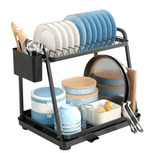 CARLA HOME 2-Tier Dish Drying Rack for Kitchen Countertop with Drainage Tray, Utensil Holder, Cutting Board Slot & Cup Hooks - Image 6