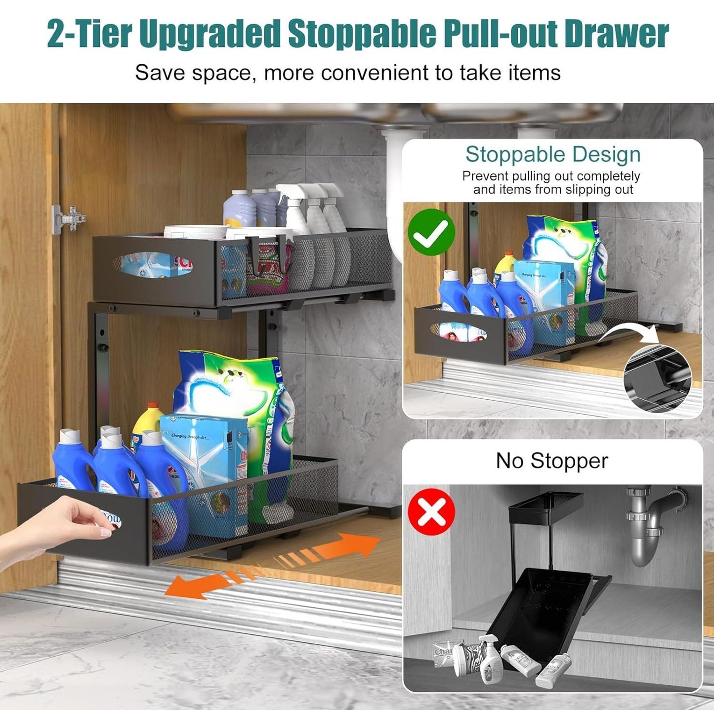 CARLA HOME 2 Tier Under Sink Organizer Pull Out Sliding Cabinet Storage Shelf with Height Adjustable for Kitchen, Bathroom or Laundry Room (Black) - Image 3