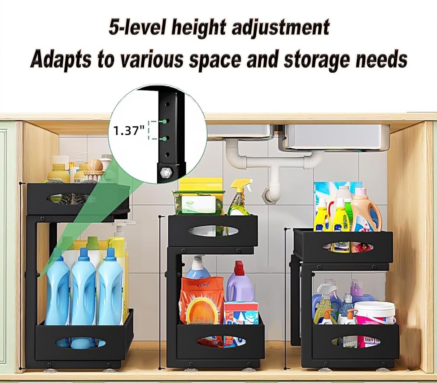 CARLA HOME 2 Tier Under Sink Organizer Pull Out Sliding Cabinet Storage Shelf with Height Adjustable for Kitchen, Bathroom or Laundry Room (Black) - Image 4