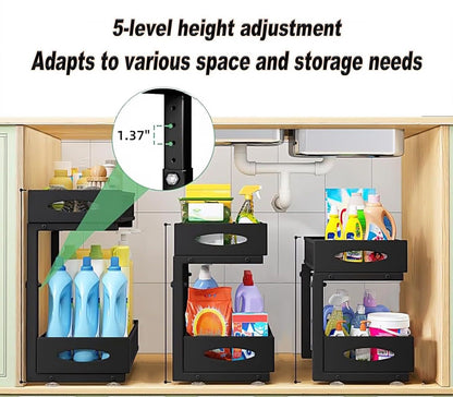 CARLA HOME 2 Tier Under Sink Organizer Pull Out Sliding Cabinet Storage Shelf with Height Adjustable for Kitchen, Bathroom or Laundry Room (Black) - Image 4