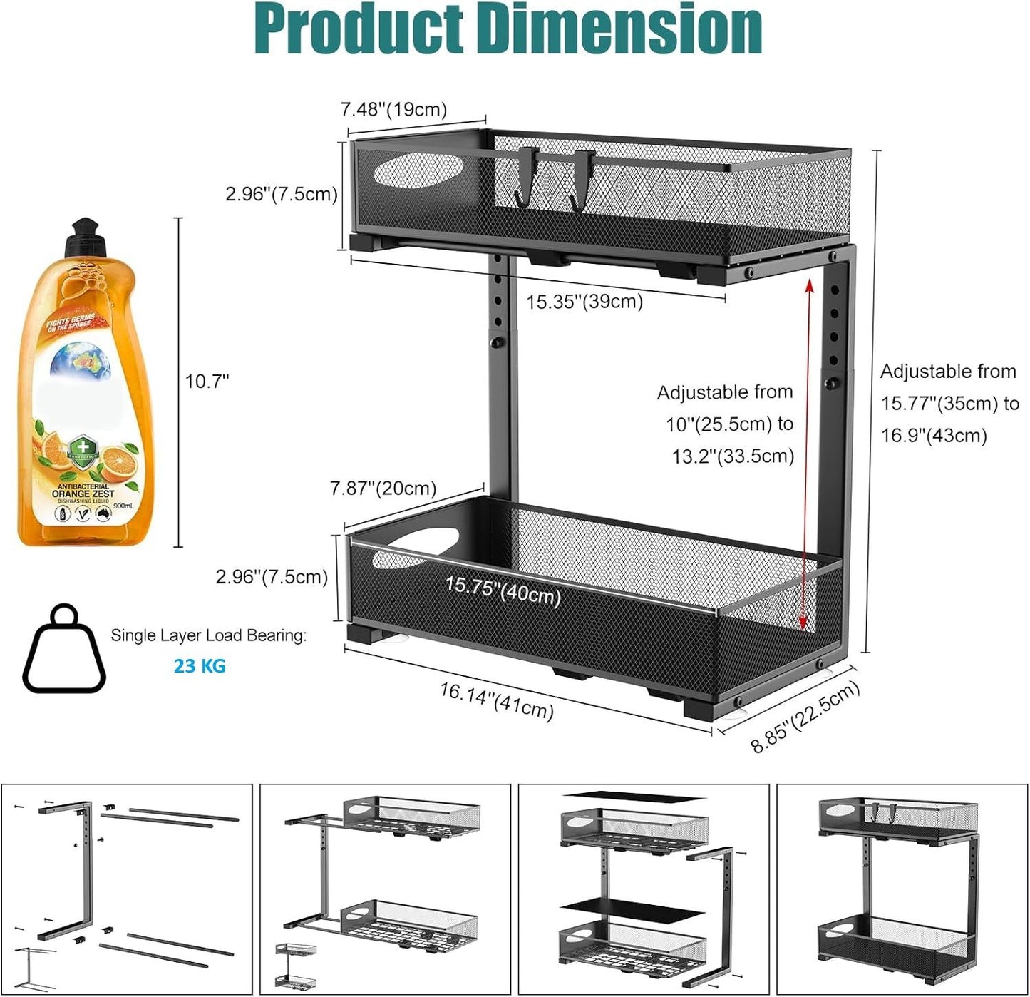 CARLA HOME 2 Tier Under Sink Organizer Pull Out Sliding Cabinet Storage Shelf with Height Adjustable for Kitchen, Bathroom or Laundry Room (Black) - Image 6