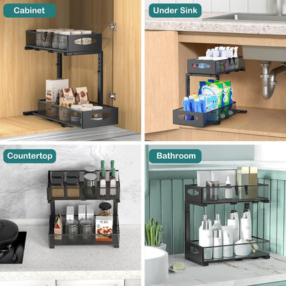 CARLA HOME 2 Tier Under Sink Organizer Pull Out Sliding Cabinet Storage Shelf with Height Adjustable for Kitchen, Bathroom or Laundry Room (Black) - Image 7
