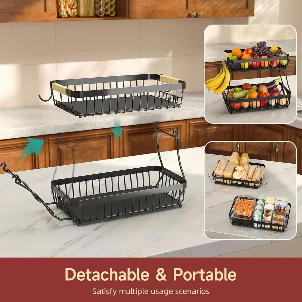 CARLA HOME 2-Tier Fruit Basket Metal Storage Bowl Kitchen Counter Organizer with Handles for Fruits, Vegetables, Snacks & Bread - Image 4