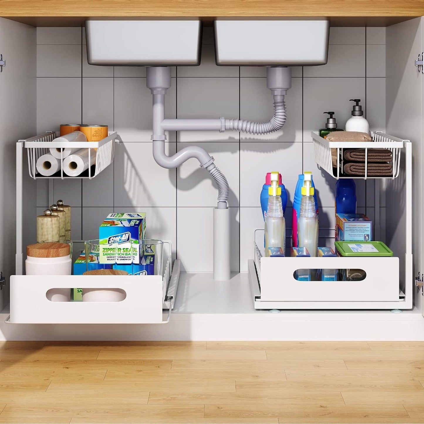CARLA HOME 2 Tier Under Sink Organiser with Sliding Drawers for Kitchen & Bathroom - Image 2
