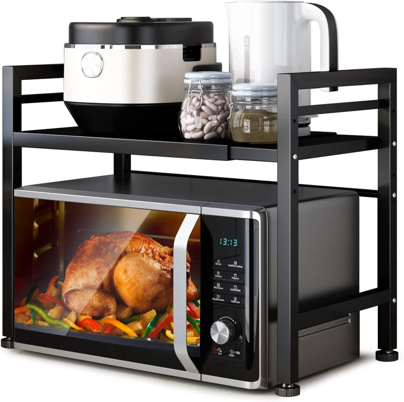 CARLA HOME 2-Tier Microwave Oven Rack with Adjustable Metal Kitchen Shelf Stand for Countertop Storage and 6 Hooks for Utensils (Black)
