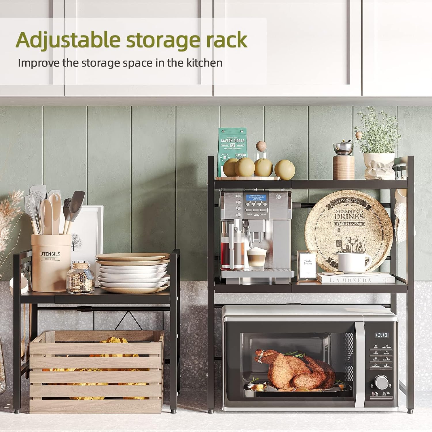 CARLA HOME 2-Tier Microwave Oven Rack with Adjustable Metal Kitchen Shelf Stand for Countertop Storage and 6 Hooks for Utensils (Black) - Image 4