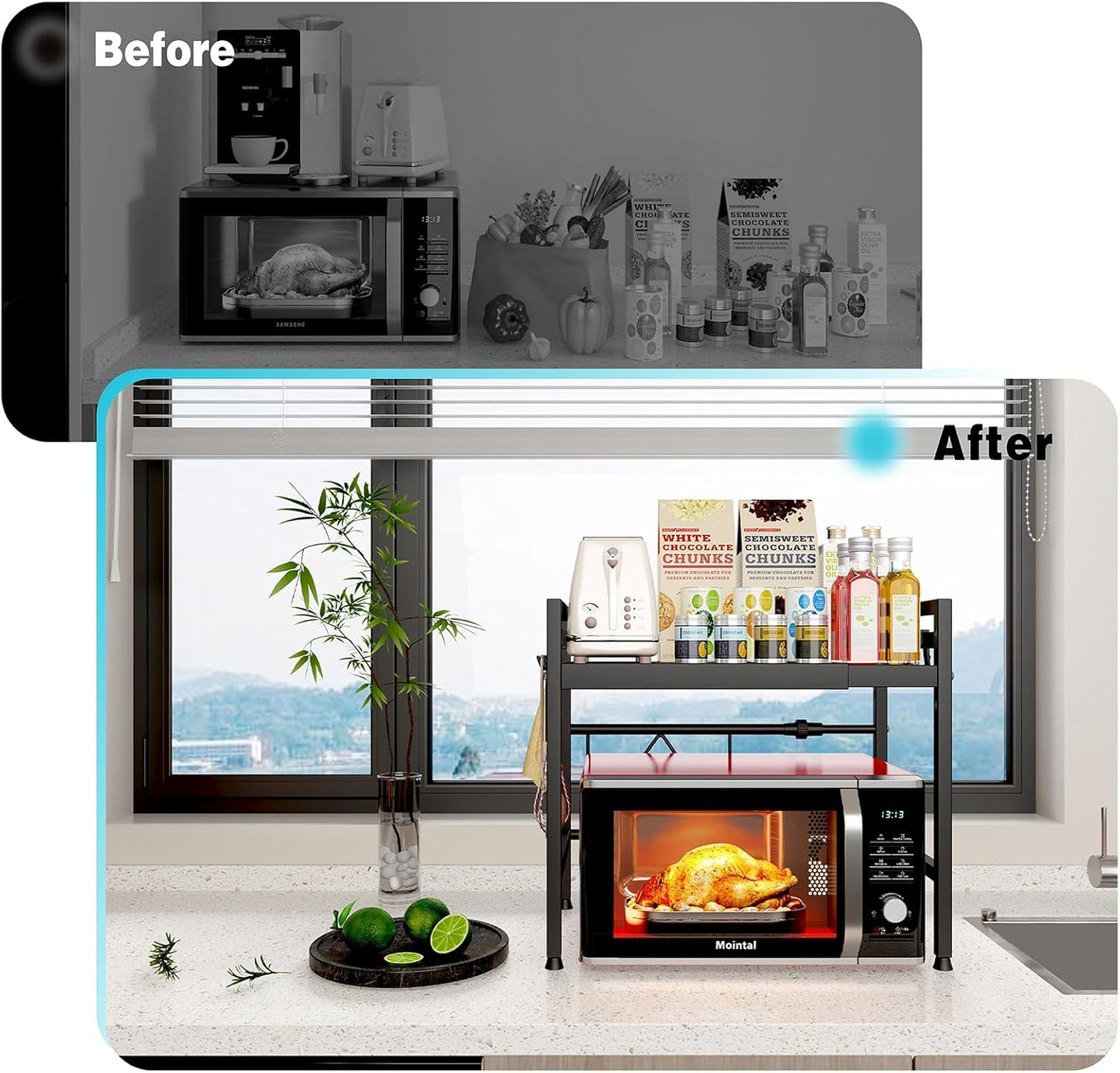 CARLA HOME 2-Tier Microwave Oven Rack with Adjustable Metal Kitchen Shelf Stand for Countertop Storage and 6 Hooks for Utensils (Black) - Image 6