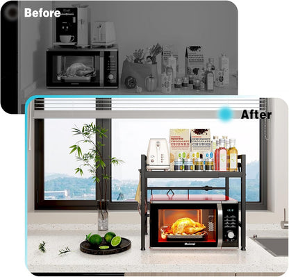 CARLA HOME 2-Tier Microwave Oven Rack with Adjustable Metal Kitchen Shelf Stand for Countertop Storage and 6 Hooks for Utensils (Black) - Image 6