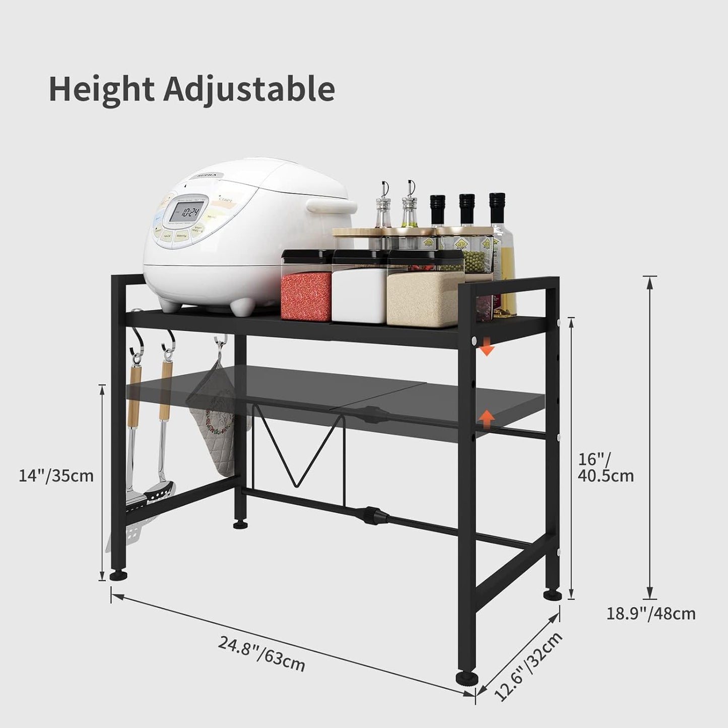 CARLA HOME 2-Tier Microwave Oven Rack with Adjustable Metal Kitchen Shelf Stand for Countertop Storage and 6 Hooks for Utensils (White) - Image 3