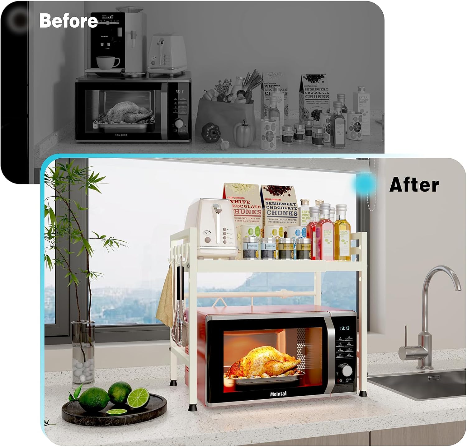 CARLA HOME 2-Tier Microwave Oven Rack with Adjustable Metal Kitchen Shelf Stand for Countertop Storage and 6 Hooks for Utensils (White) - Image 6