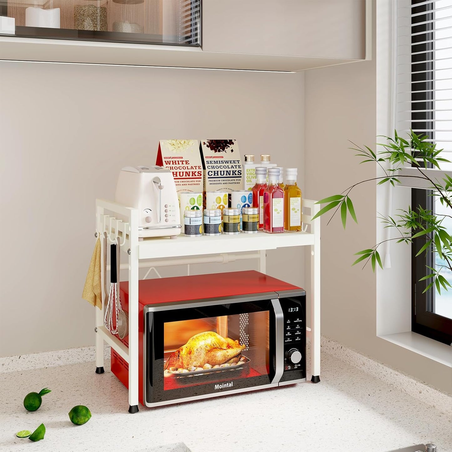 CARLA HOME 2-Tier Microwave Oven Rack with Adjustable Metal Kitchen Shelf Stand for Countertop Storage and 6 Hooks for Utensils (White) - Image 7