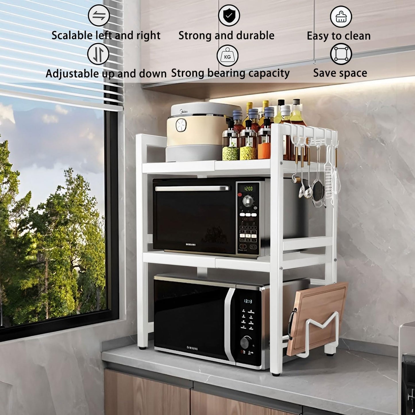 CARLA HOME 3-Tier Microwave Oven Rack with Adjustable Metal Kitchen Shelf Stand for Countertop Storage and 6 Hooks for Utensils - Image 4