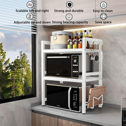 CARLA HOME 3-Tier Microwave Oven Rack with Adjustable Metal Kitchen Shelf Stand for Countertop Storage and 6 Hooks for Utensils - Image 4