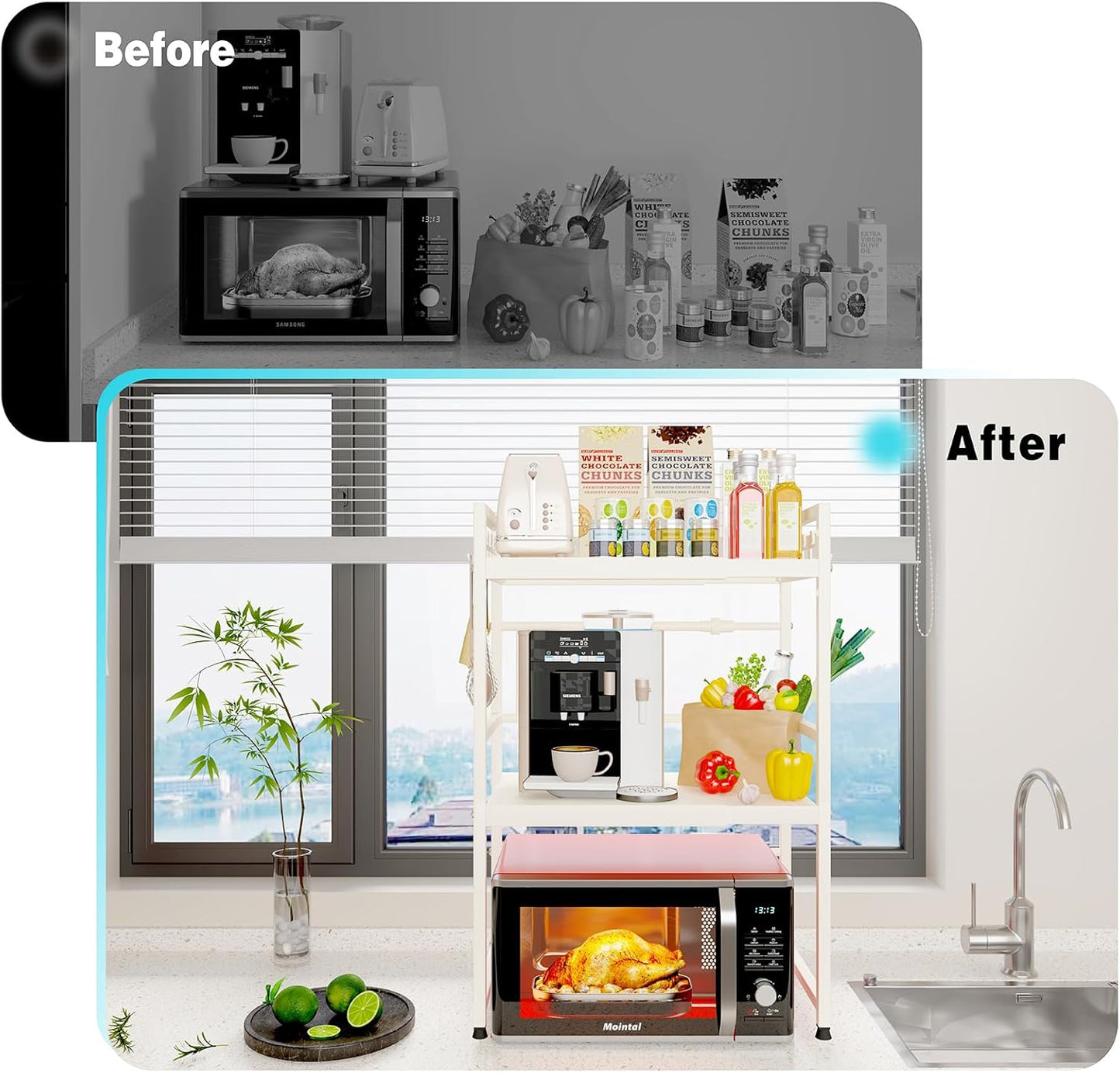 CARLA HOME 3-Tier Microwave Oven Rack with Adjustable Metal Kitchen Shelf Stand for Countertop Storage and 6 Hooks for Utensils - Image 6