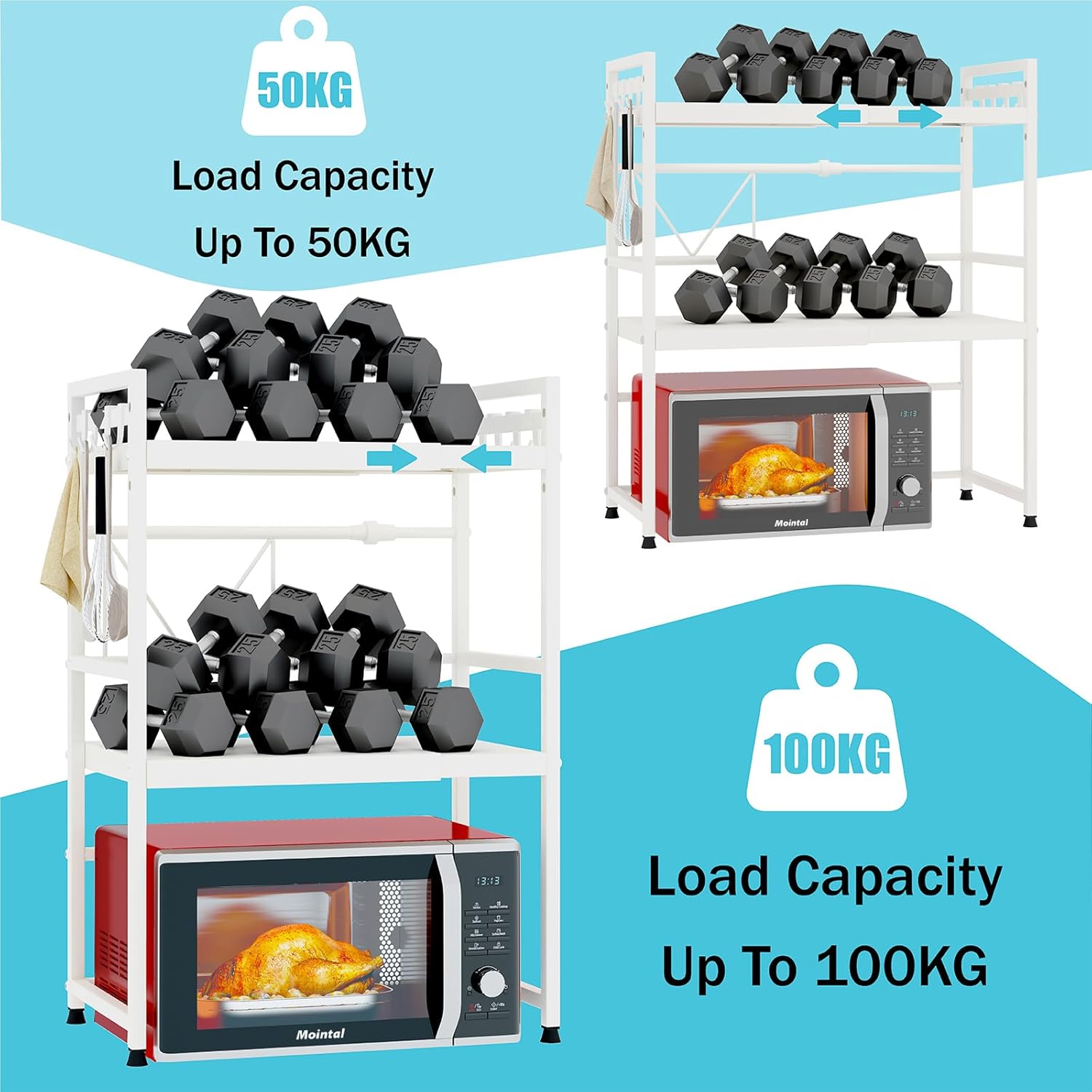 CARLA HOME 3-Tier Microwave Oven Rack with Adjustable Metal Kitchen Shelf Stand for Countertop Storage and 6 Hooks for Utensils - Image 7