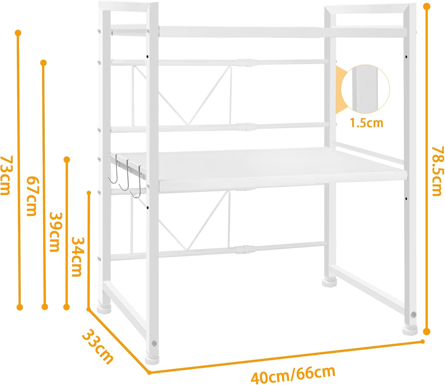 CARLA HOME 3-Tier Microwave Oven Rack with Adjustable Metal Kitchen Shelf Stand for Countertop Storage and 6 Hooks for Utensils - Image 8