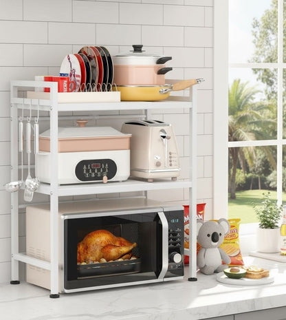 CARLA HOME 3-Tier Microwave Oven Rack with Adjustable Metal Kitchen Shelf Stand for Countertop Storage and 6 Hooks for Utensils - Image 9