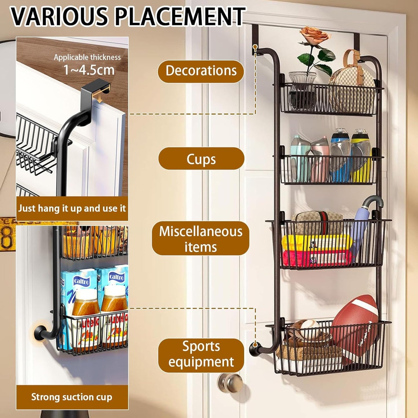 CARLA HOME 4-Tier Over the Door Organizer Heavy-Duty Metal Pantry Rack with Hanging Baskets for Home Kitchen Storage & Bathroom Door Organization - Image 3