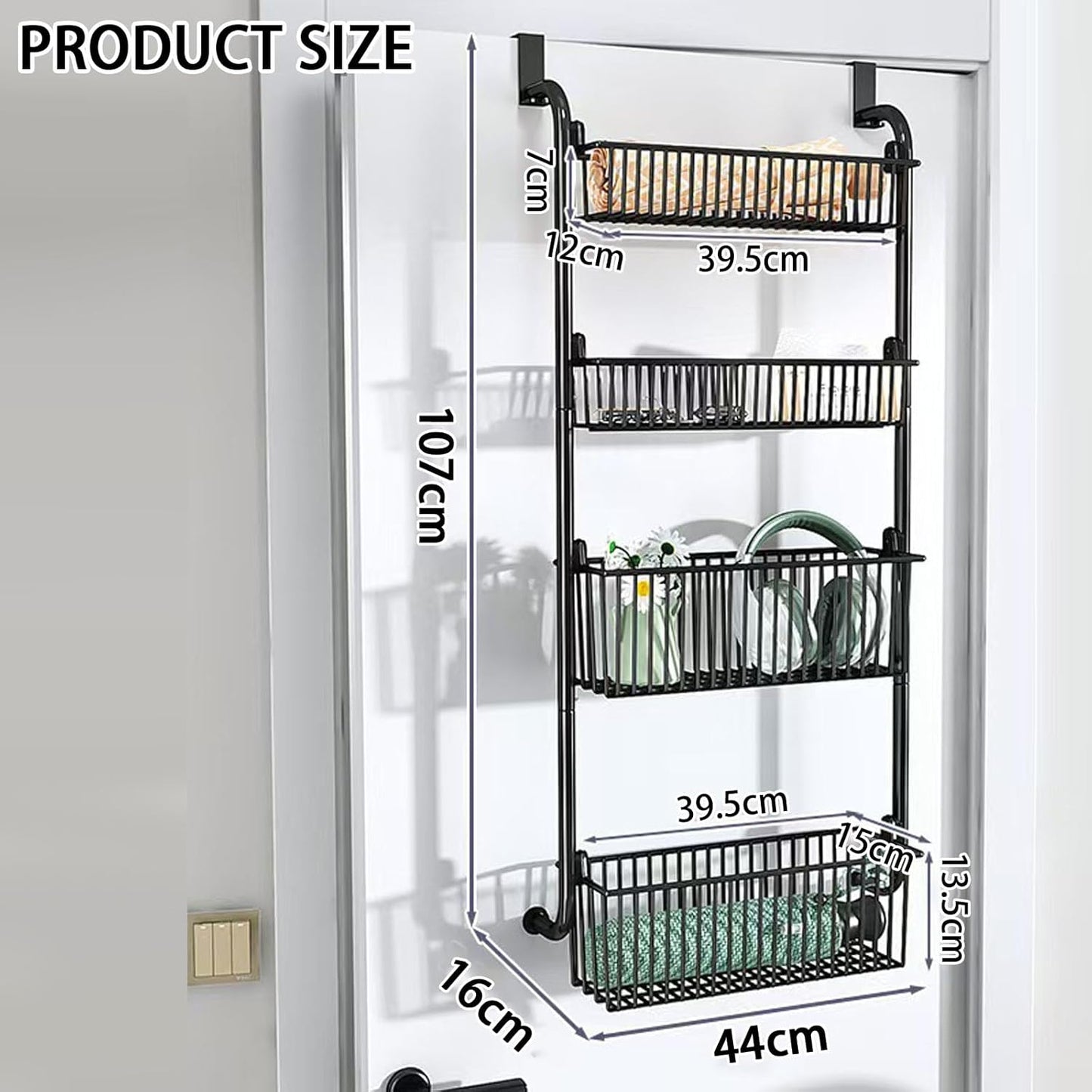 CARLA HOME 4-Tier Over the Door Organizer Heavy-Duty Metal Pantry Rack with Hanging Baskets for Home Kitchen Storage & Bathroom Door Organization - Image 6