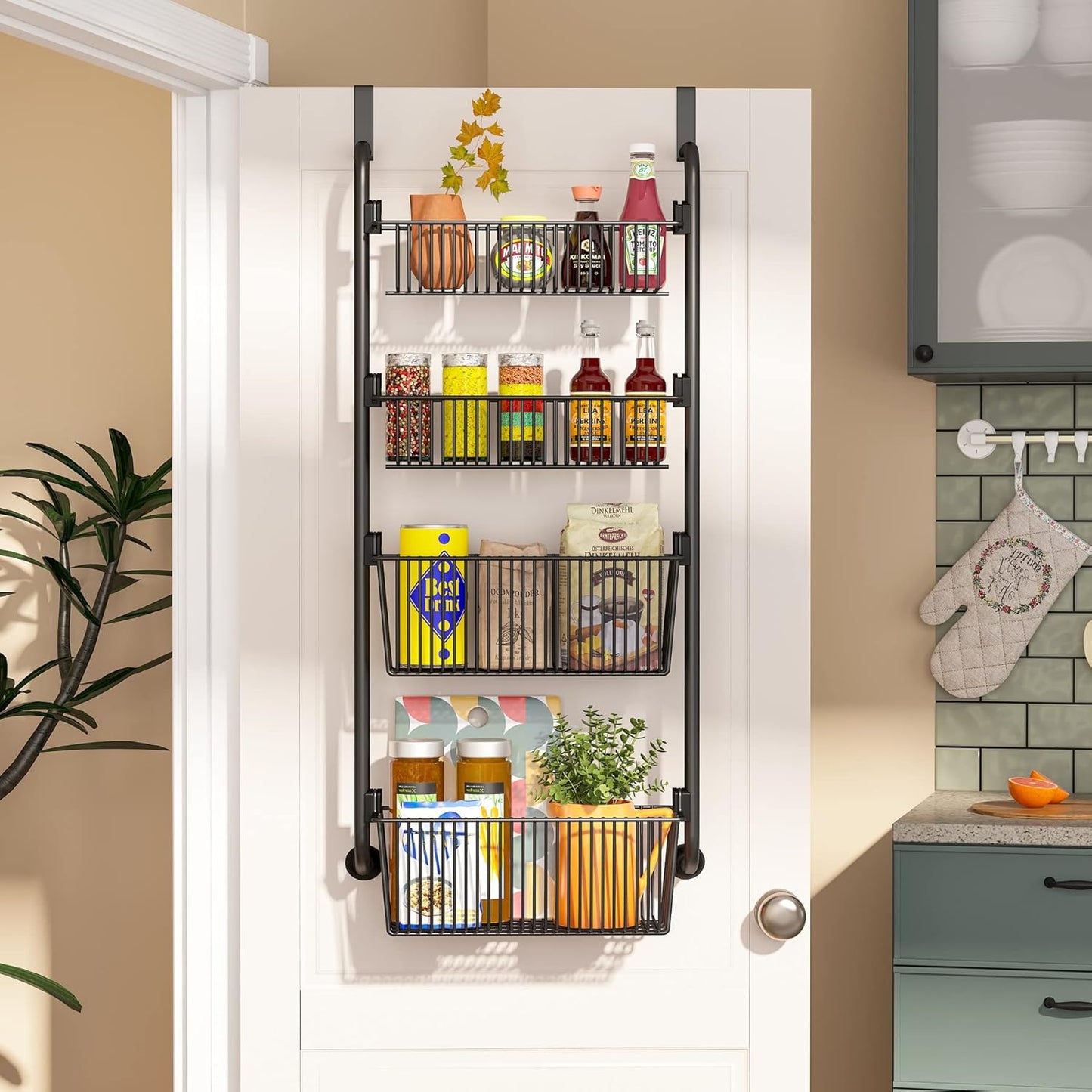 CARLA HOME 4-Tier Over the Door Organizer Heavy-Duty Metal Pantry Rack with Hanging Baskets for Home Kitchen Storage & Bathroom Door Organization - Image 8