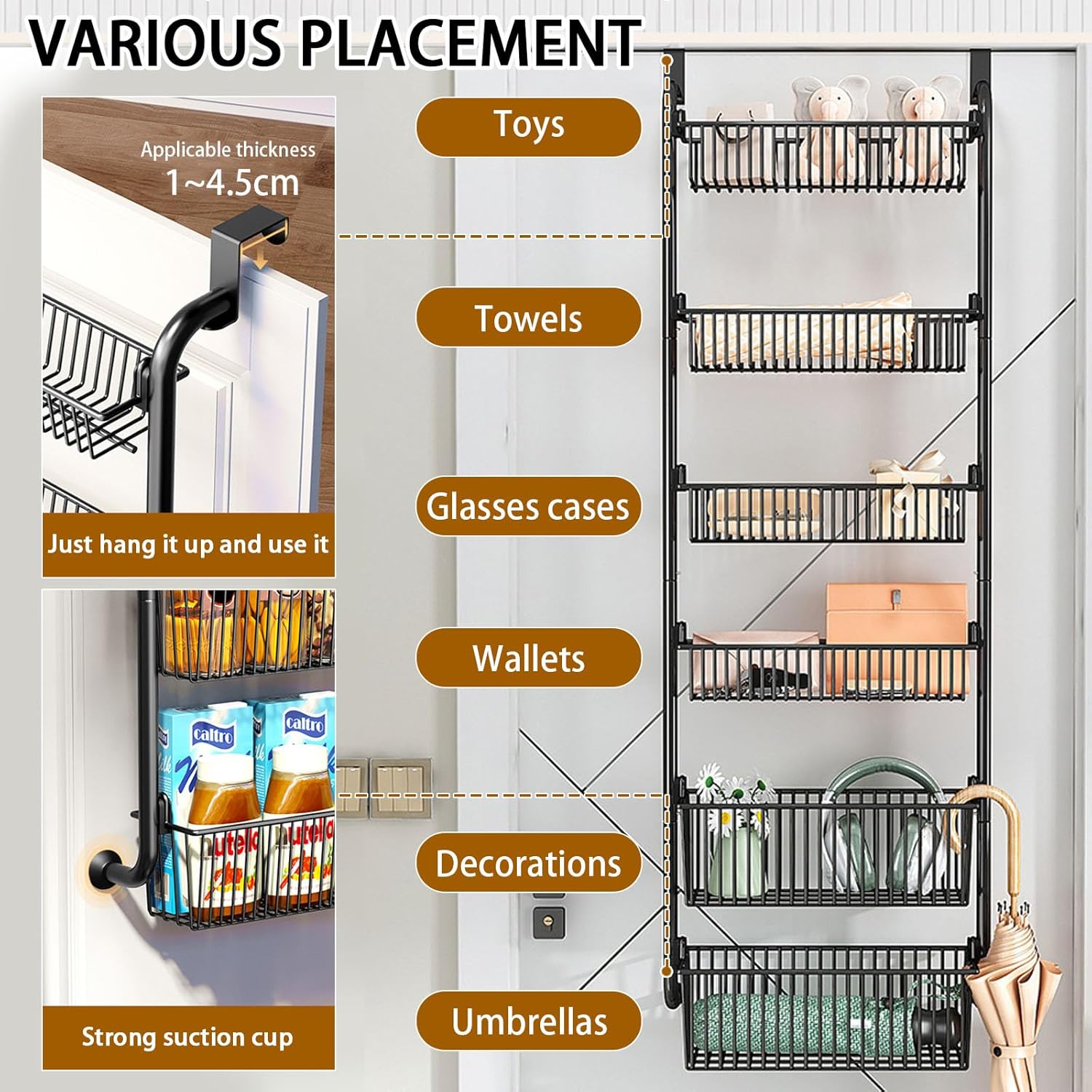 CARLA HOME 6-Tier Over the Door Organizer Heavy-Duty Metal Pantry Rack with Hanging Baskets for Home Kitchen Storage & Bathroom Door Organization (Black) - Image 4