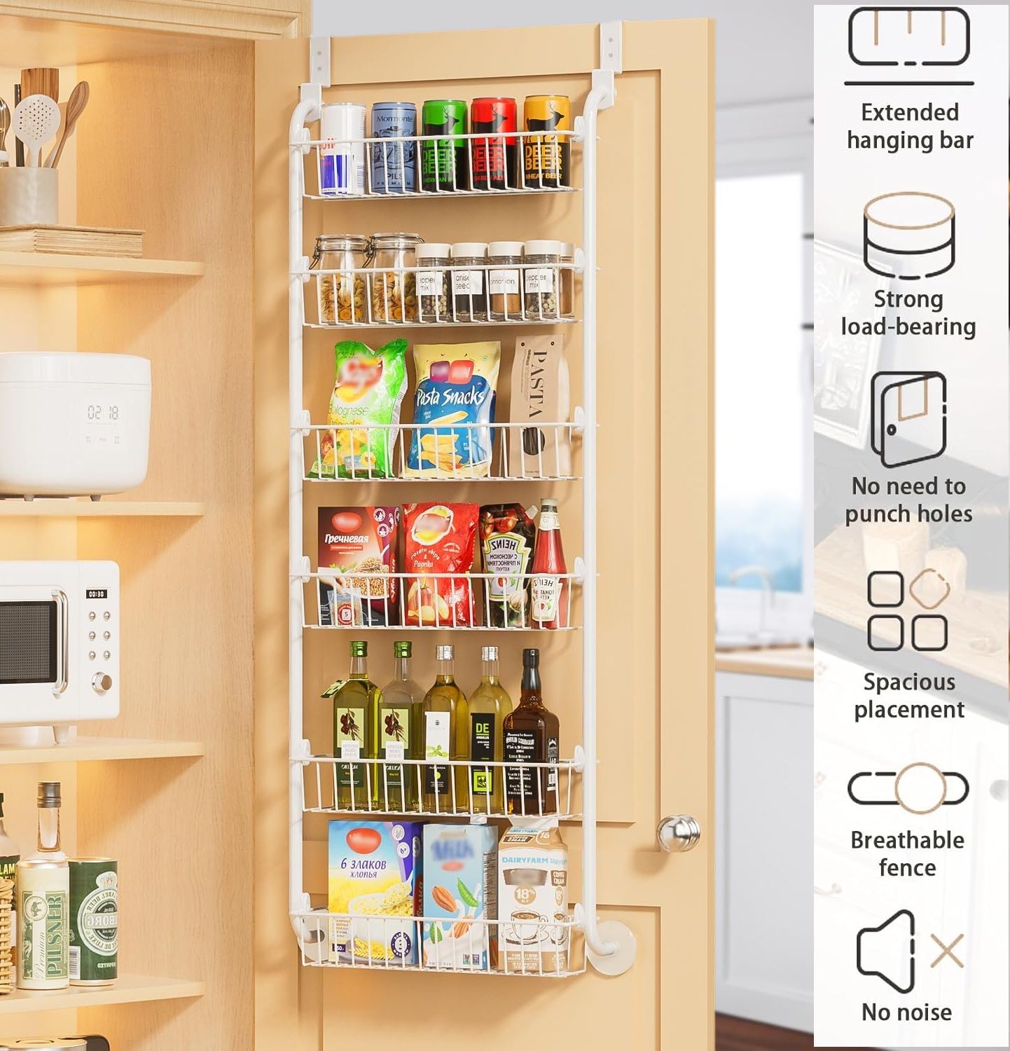 CARLA HOME 6-Tier Over the Door Organizer Heavy-Duty Metal Pantry Rack with Hanging Baskets for Home Kitchen Storage & Bathroom Door Organization (White) - Image 2