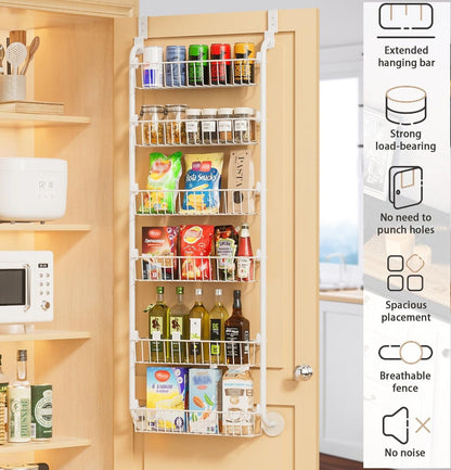CARLA HOME 6-Tier Over the Door Organizer Heavy-Duty Metal Pantry Rack with Hanging Baskets for Home Kitchen Storage & Bathroom Door Organization (White) - Image 2