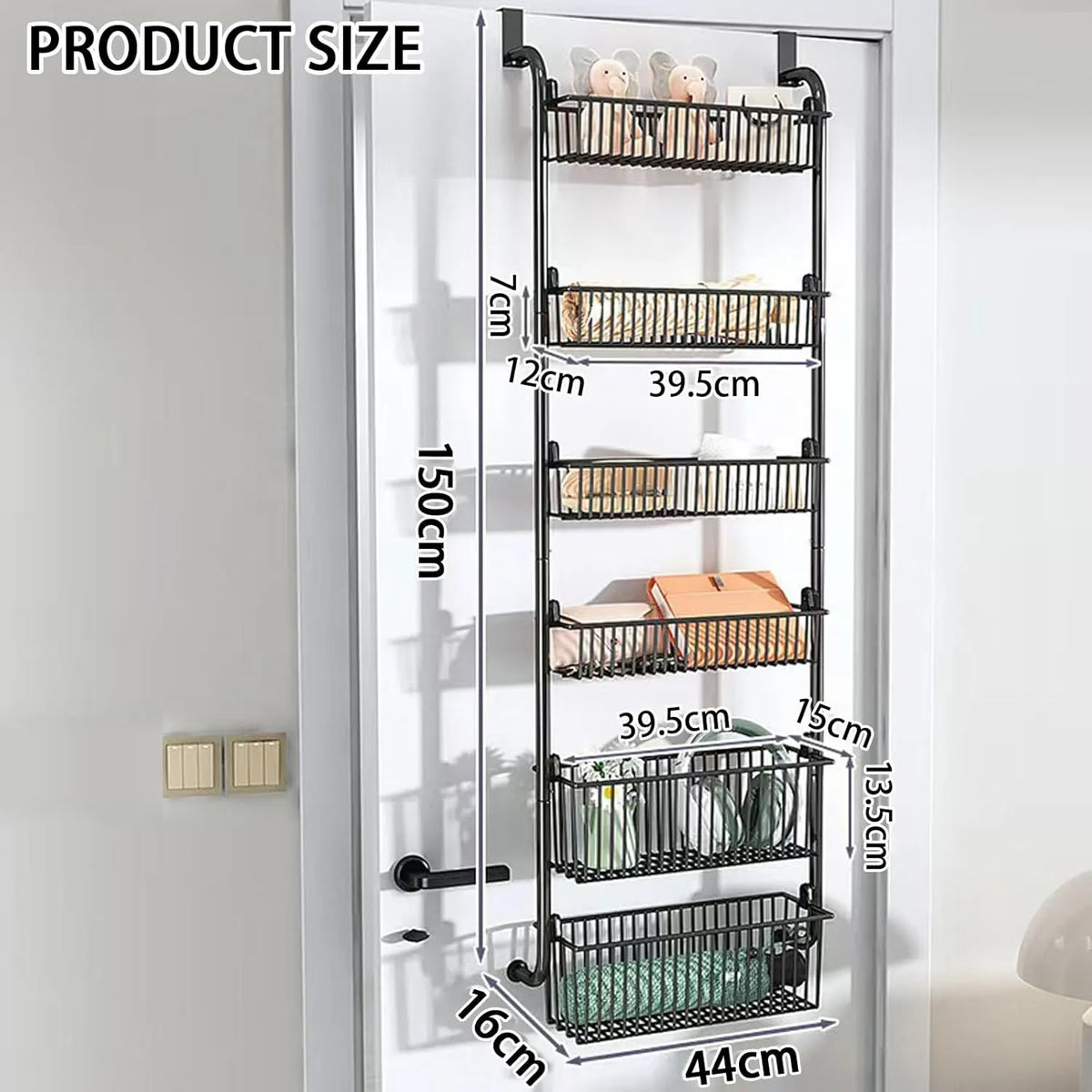 CARLA HOME 6-Tier Over the Door Organizer Heavy-Duty Metal Pantry Rack with Hanging Baskets for Home Kitchen Storage & Bathroom Door Organization (White) - Image 6
