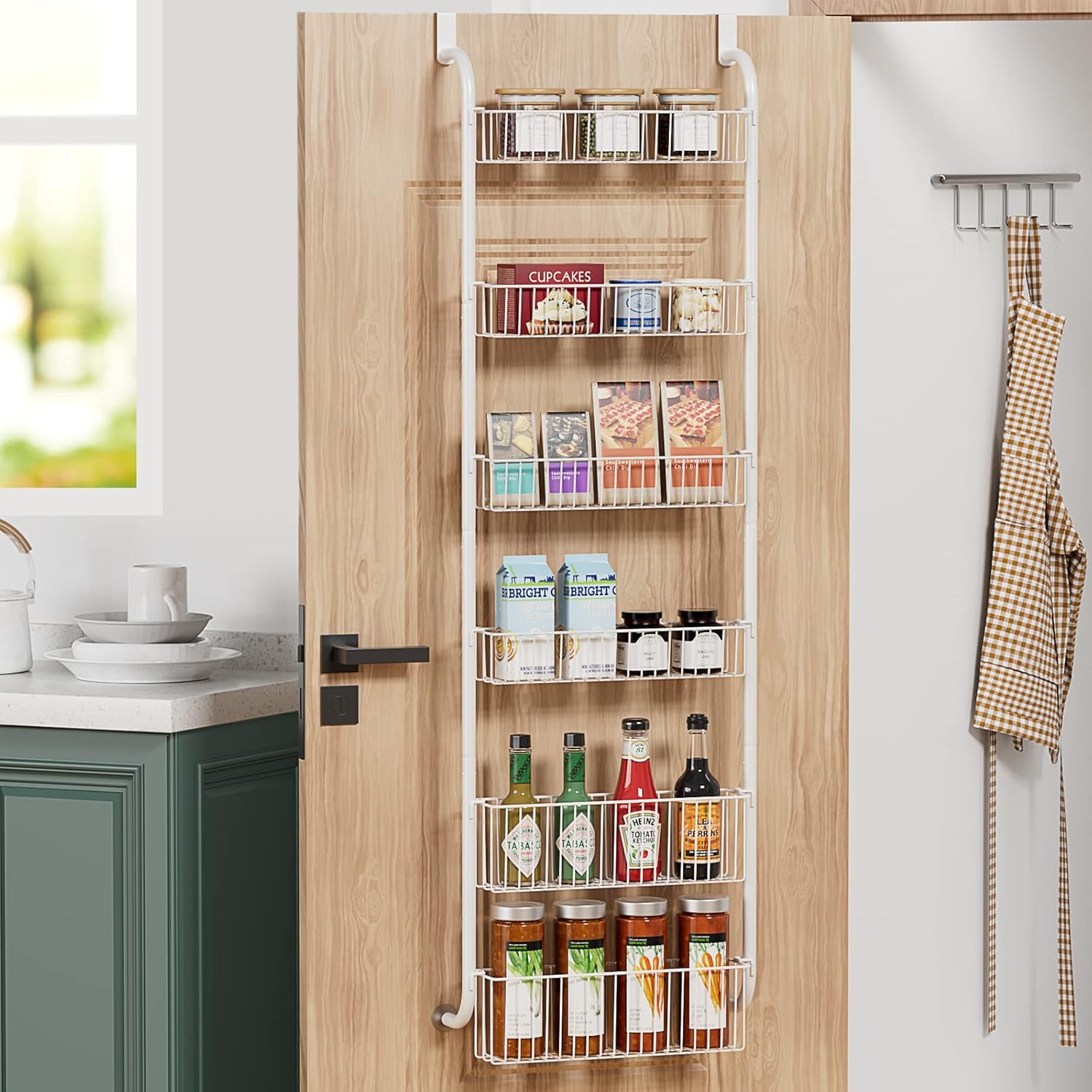 CARLA HOME 6-Tier Over the Door Organizer Heavy-Duty Metal Pantry Rack with Hanging Baskets for Home Kitchen Storage & Bathroom Door Organization (White) - Image 8