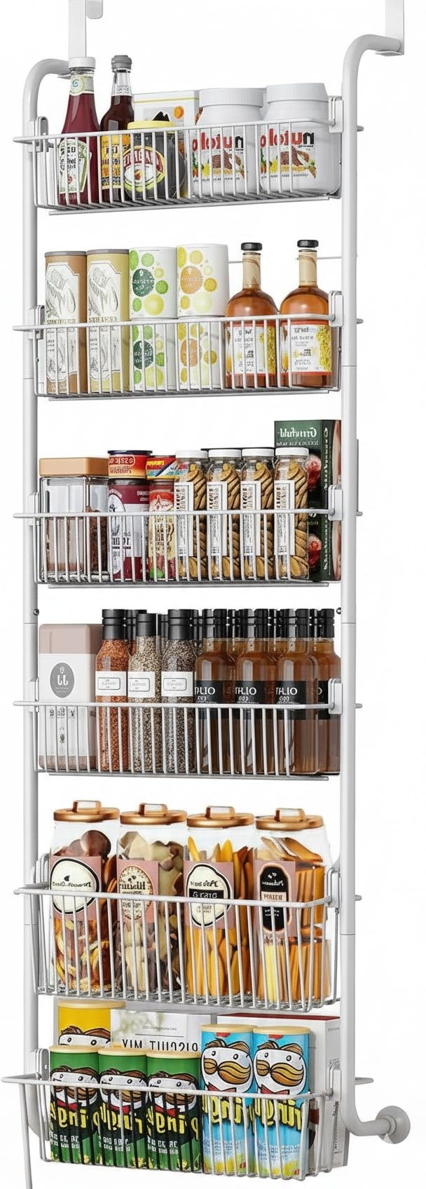 CARLA HOME 6-Tier Over the Door Organizer Heavy-Duty Metal Pantry Rack with Hanging Baskets for Home Kitchen Storage & Bathroom Door Organization (White) - Image 9