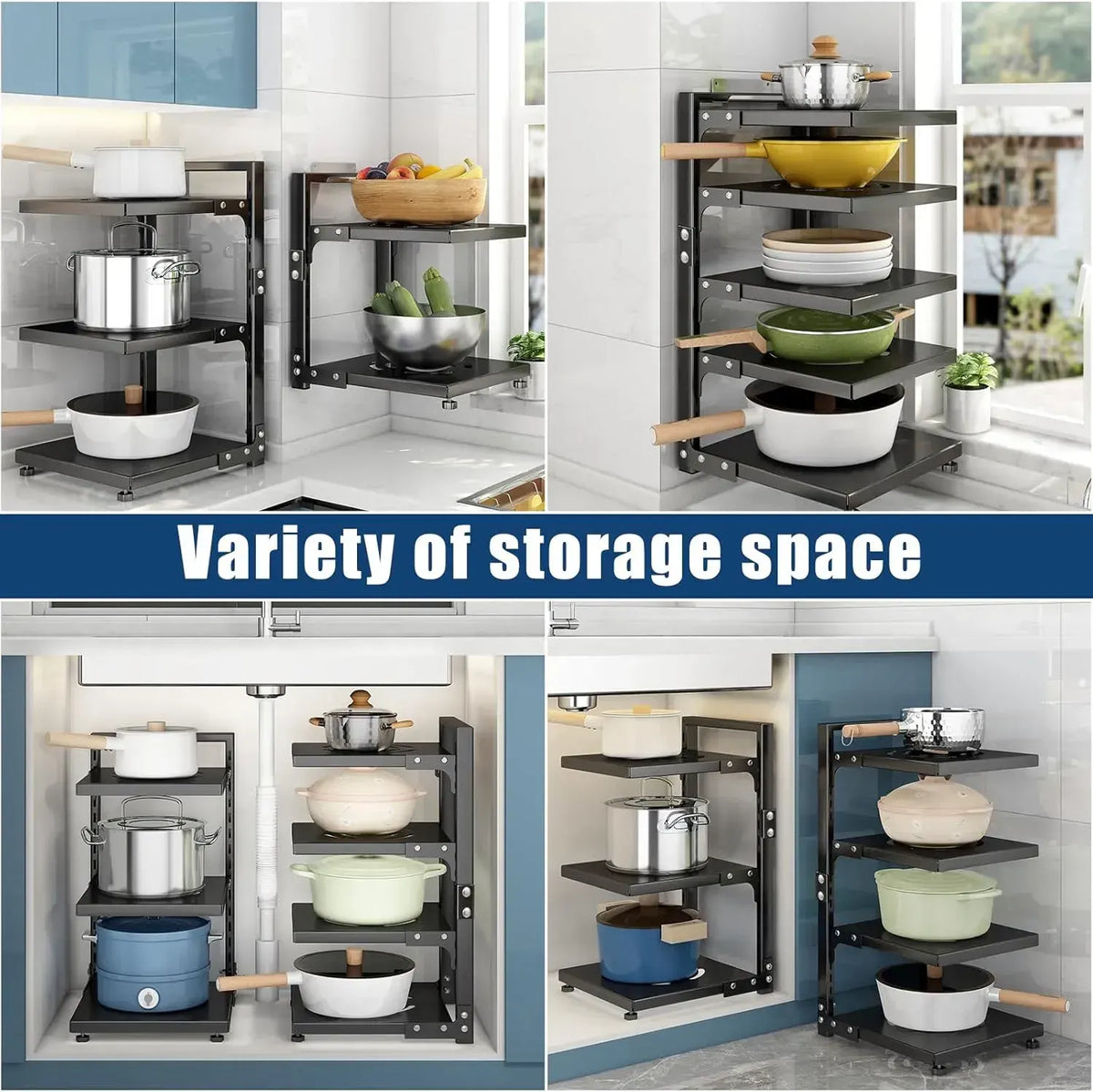 CARLA HOME Black 7 Tier Pan Organiser Rack - Heavy Duty - Adjustable - Pan Rack Kitchen - Image 7